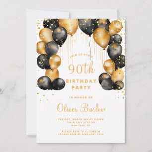 Modern 90th Birthday Party Black Gold  Invitation