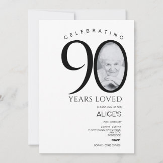 Modern 90th Birthday with Photo in Number, Minimal Invitation