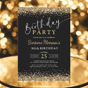 Modern 90th Black Gold Glitter Birthday Any Age Invitation