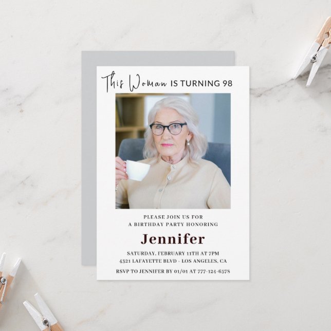 Modern 98th birthday invitations for her Photo (Front/Back In Situ)