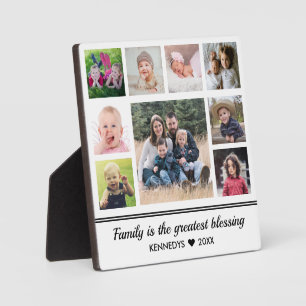 Modern 9 Family Photo Collage Quote Black & White Plaque