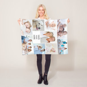 Modern 9 Photo Collage Personalised Your Colour Fleece Blanket