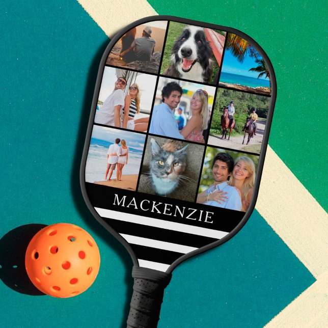 Modern 9 Photo Collage Stripes Name Custom Colour Pickleball Paddle (Creator Uploaded)