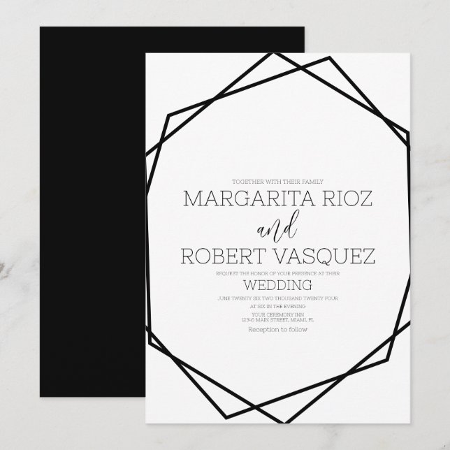 Modern A Geometric Black White  Wedding   Invitation (Front/Back)