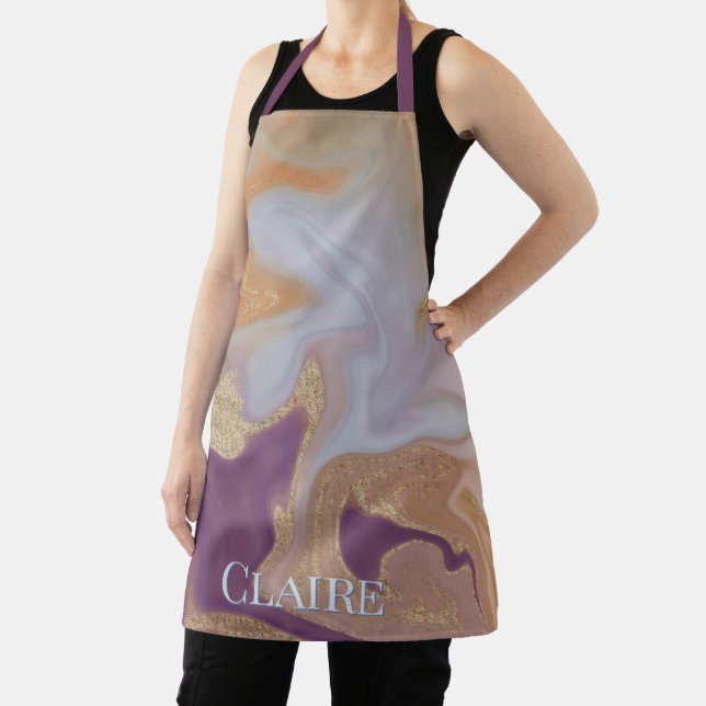 Modern Abstract Alcohol Ink Purple & Gold Monogram Apron (Insitu)