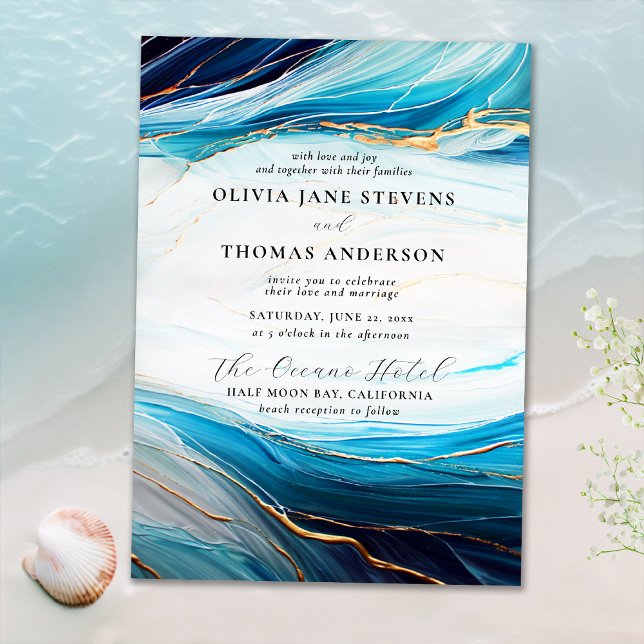 Modern Abstract Aqua Gold Ocean Wave Beach Wedding Invitation (Creator Uploaded)