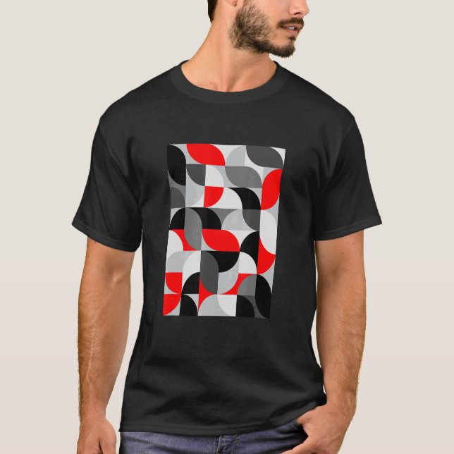 Modern Abstract Arcs Pattern Red Black Grey Tessel T-Shirt (Front)