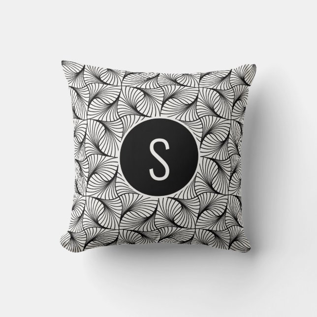 Modern Abstract Art Black & White Swirls Monogram Cushion (Front)