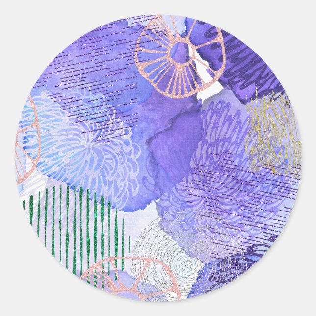Modern abstract art blue and purple classic round sticker (Front)
