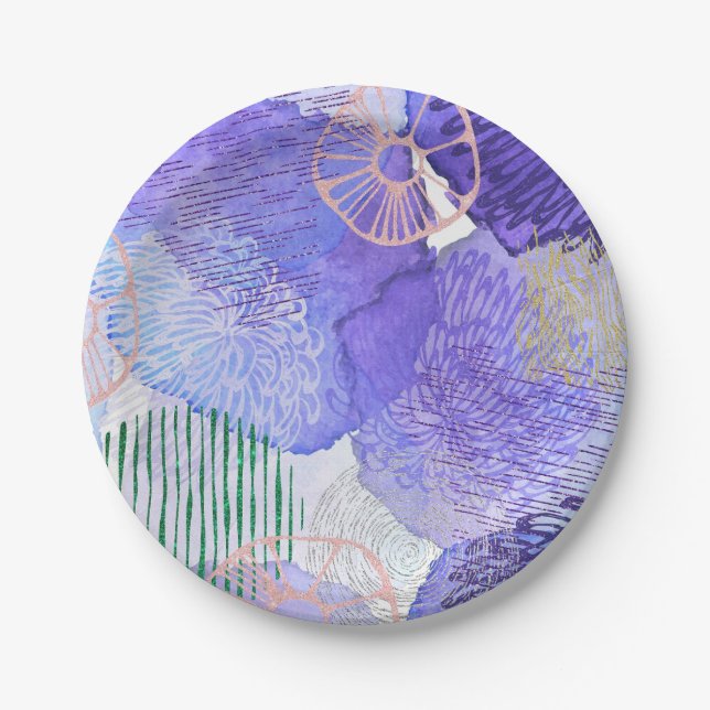 Modern abstract art blue and purple paper plate (Front)