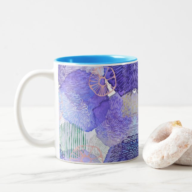 Modern abstract art blue and purple Two-Tone coffee mug (With Donut)