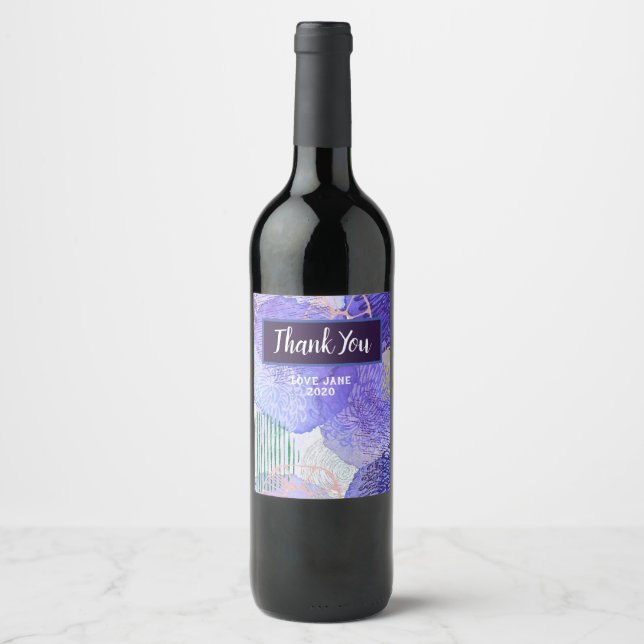 Modern abstract art blue and purple wine label (Front)