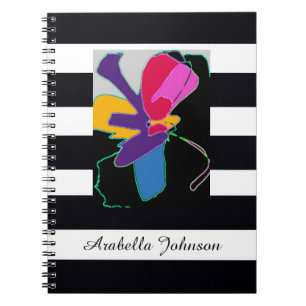 Modern Abstract Art + Custom Name Chic B&W Stripe Notebook