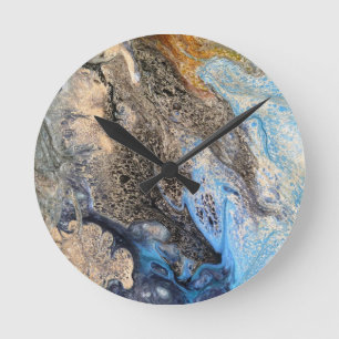 Modern Abstract Art Gold Blue White and Cream Round Clock