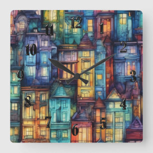 Modern Abstract Art Houses Watercolor Colourful Square Wall Clock
