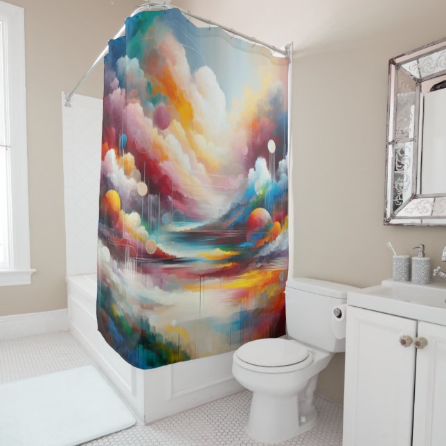 Modern Abstract Art Landscape Red Blue Green Shower Curtain (In Situ)