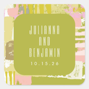 Modern Abstract Art Lime Green Pink Wedding Custom Square Sticker