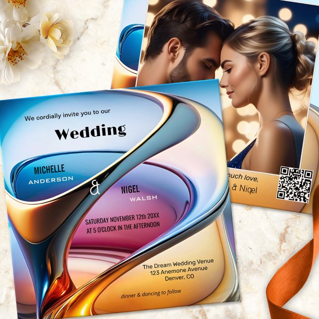 Modern Abstract Art Photo Wedding Invitation (Modern art photo wedding invitation featuring a colorful flow abstract design - with QR code)
