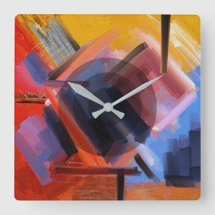 Modern Abstract Art Red Orange Black Pink Blue Square Wall Clock