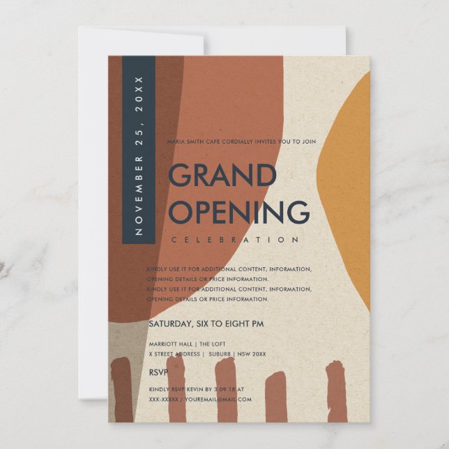 MODERN ABSTRACT ART RUST ORANGE GRAND OPENING INVITATION (Front)