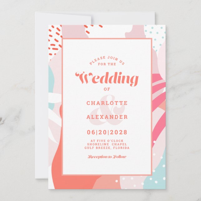 Modern Abstract Artistic Coral Teal Wedding Invitation (Front)