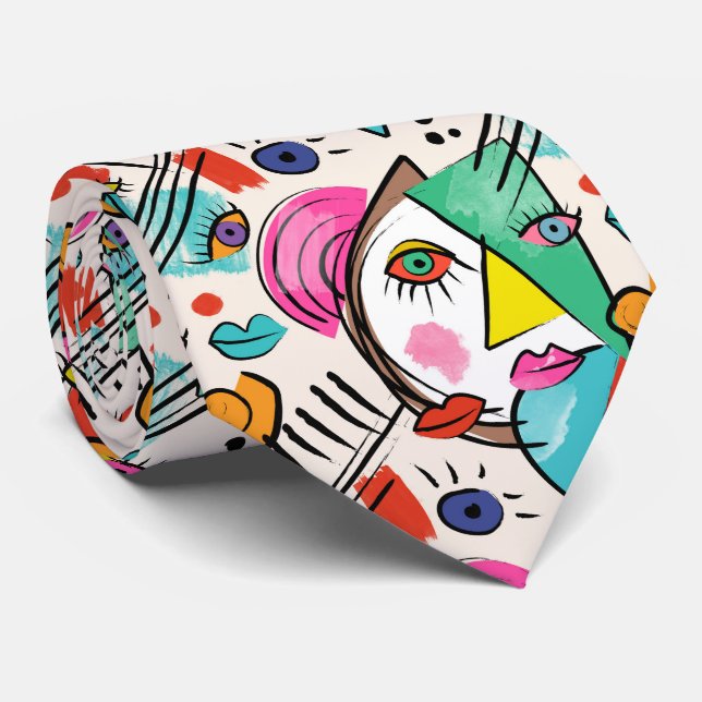 Modern Abstract Artsy Female Faces Tie (Rolled)