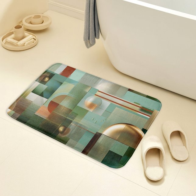 Modern Abstract Bauhaus Green Gold Pattern Bath Mat (Bath mat featuring a modern abstract design inspired by the Bauhaus style in green and gold)