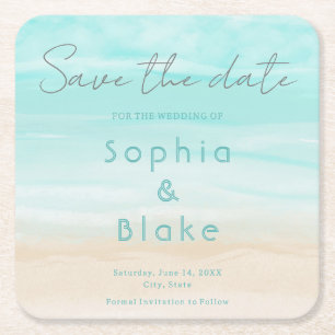 Modern Abstract Beach Wedding Save the Date Square Paper Coaster