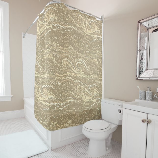Modern Abstract Beige Swirls Marble Pattern Shower Curtain (In Situ)