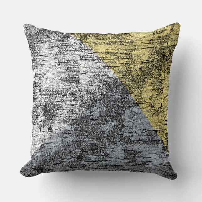 Modern Abstract Birch Bark Pattern Yellow Grey Cushion (Front)
