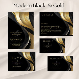 Modern Abstract Black and Gold Elegant Wedding Invitation