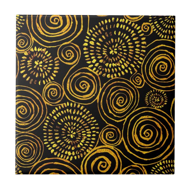 Modern Abstract Black and Gold Geometric Pattern Ceramic Tile (Front)