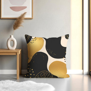 Modern Abstract Black and Gold Organic Pattern Cushion
