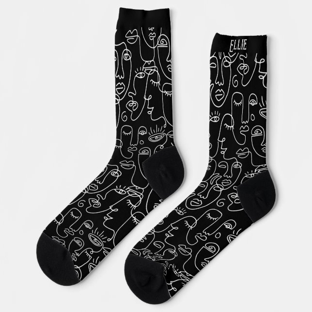 Modern Abstract Black and White Line Face Name Socks (Left)