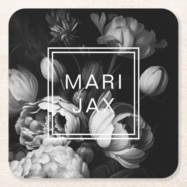 Modern Abstract Black and white painterly flowers Square Paper Coaster (Front)
