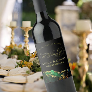 Modern Abstract Black Green Gold Wedding Wine Label