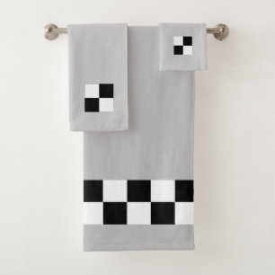 Modern Abstract Black & White Chequered on Grey Bath Towel Set