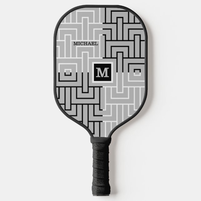 Modern Abstract Black White Custom Monogram Name Pickleball Paddle (Front)