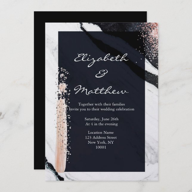 Modern Abstract Black & White Marble Glam Wedding Invitation (Front/Back)