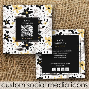 Modern Abstract Black Yellow Grey Floral QR Code Square Business Card