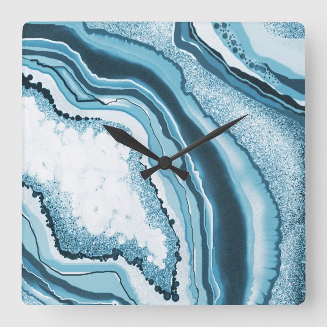 Modern Abstract Blue Agate Geode Gemstone Square Wall Clock (Front)