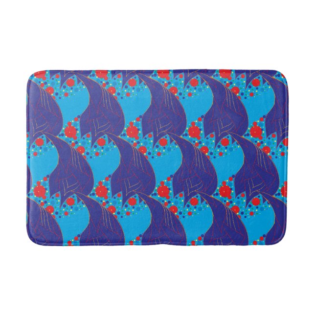 Modern abstract BLUE and red Rainbow drops pattern Bath Mat (Front)