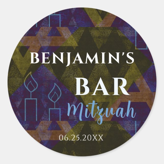 Modern Abstract Blue Bar Mitzvah Bold  Classic Round Sticker (Front)