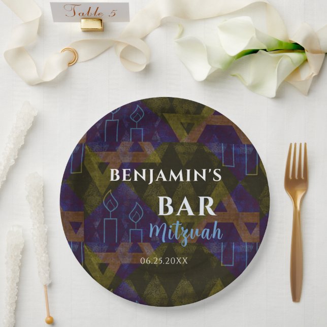 Modern Abstract Blue Bar Mitzvah Bold   Paper Plate (Wedding)