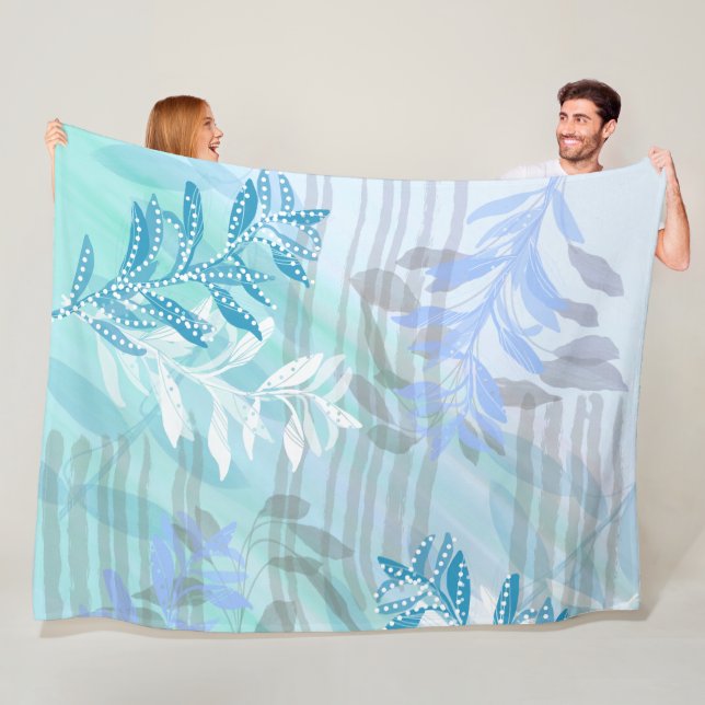 Modern Abstract blue botanical Leaf Fleece Blanket (In Situ)