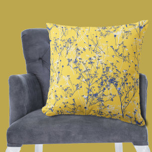 Modern Abstract Blue Flowers Mustard Yellow Cushion
