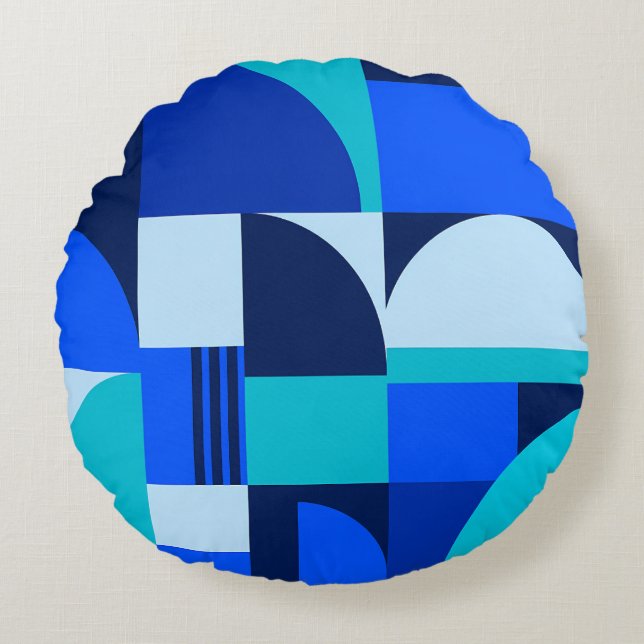 Modern Abstract Blue Geometric Shapes Pattern Round Cushion (Front)