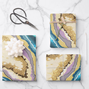 Modern Abstract Blue Gold Agate Geode Gemstone Wrapping Paper Sheet