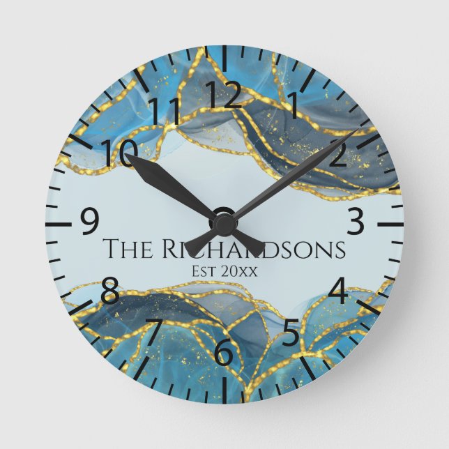Modern Abstract Blue Gold Agate Stone Geode Ink  Round Clock (Front)