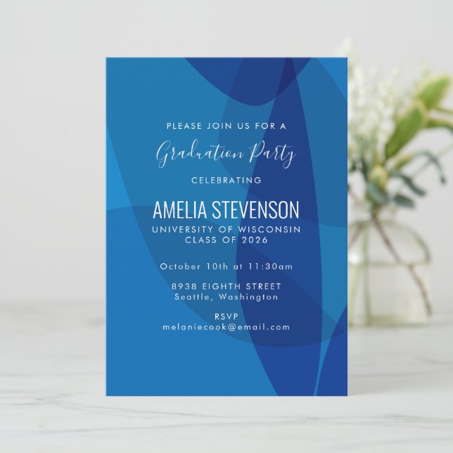 Modern Abstract Blue Graduation Party Invitation (Standing Front)